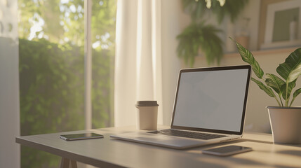 Fototapeta premium Laptop, Coffee, and Phone on Desk Near Window with Plants