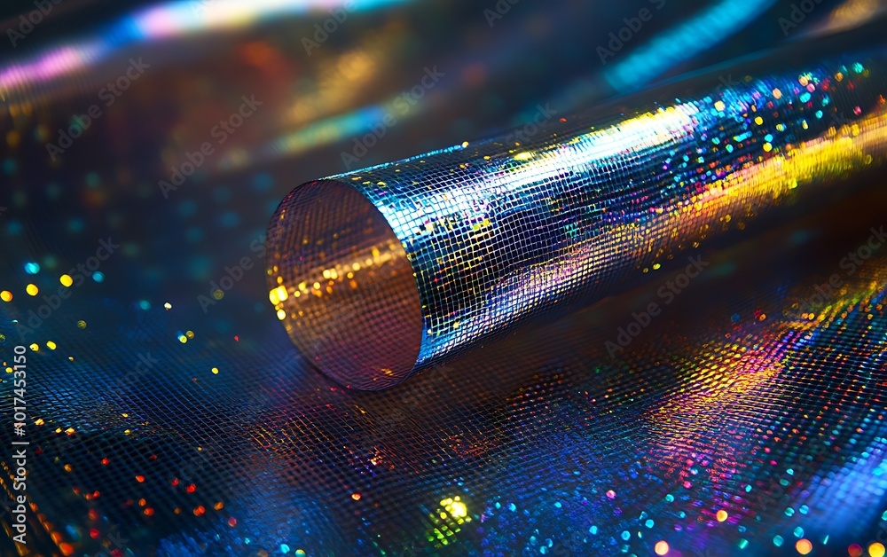 Aufkleber A shiny, colorful holographic surface featuring vibrant patterns and light reflections, showcasing a cylindrical object creating a stunning visual effect.