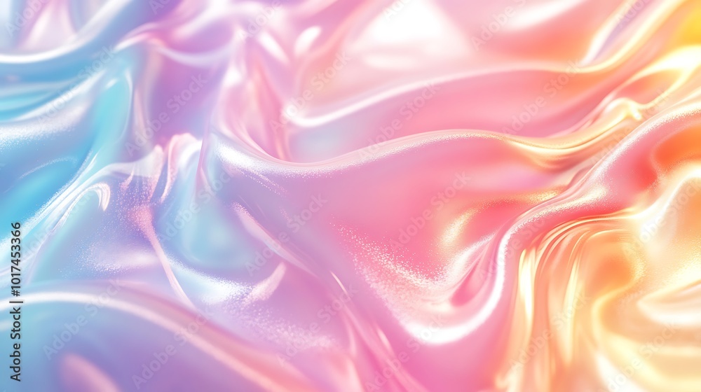 Poster a vibrant, flowing fabric with a smooth, silky texture, showcasing a blend of pastel colors, creatin
