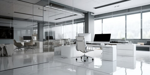 Modern White Open Space Office with White Walls and Floor, Glass Partitions, Rows of Computer Tables with Chairs and Large Windows