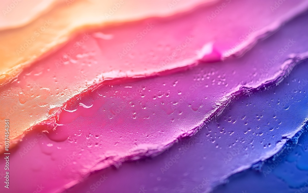 Fototapete A vibrant close-up of layered paint, showcasing a gradient of colors with a glossy texture and droplets, creating a playful artistic effect.