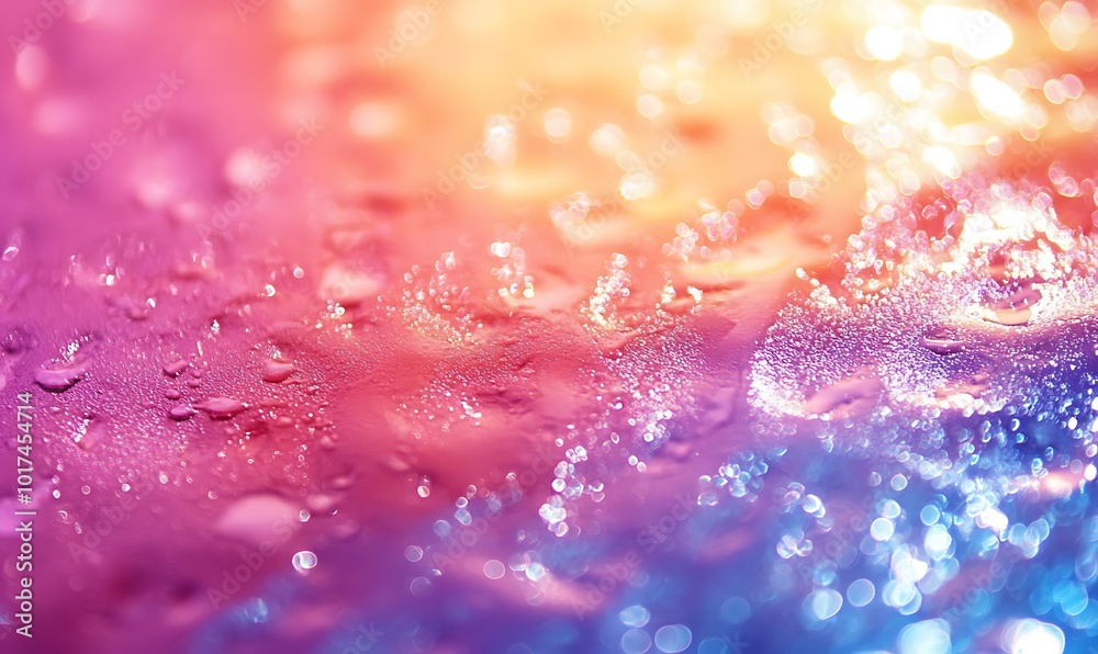 Fototapete a vibrant and colorful close-up of water droplets on a surface, showcasing a blend of warm and cool 