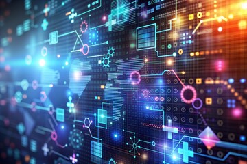 Obraz premium Abstract technology network with global map and circuit elements