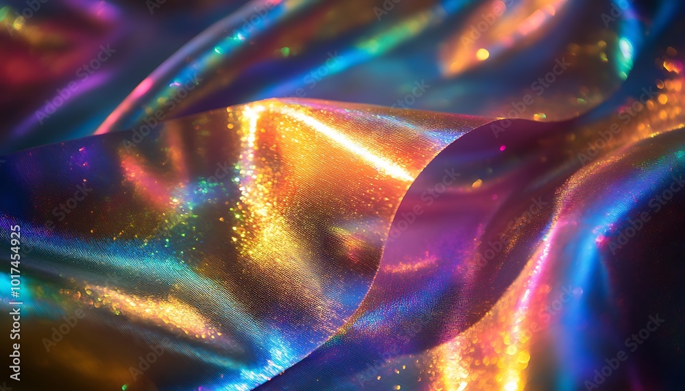 Aufkleber a vibrant, shimmering fabric with an iridescent texture, reflecting a spectrum of colors in a fluid,