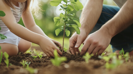 Fototapeta premium Parents and kids planting trees in a backyard, hands in the soil, focus on nature and bonding.