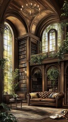 Obraz premium Elegant home library with tall bookshelves, leather furniture, and lush greenery. Concept of luxury, sophistication, and intellectual spaces.