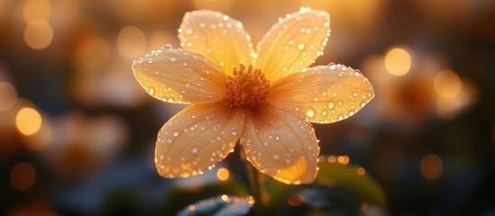 Fototapeta premium A single yellow flower with water drops on it in the evening light, a beautiful flower blossom.