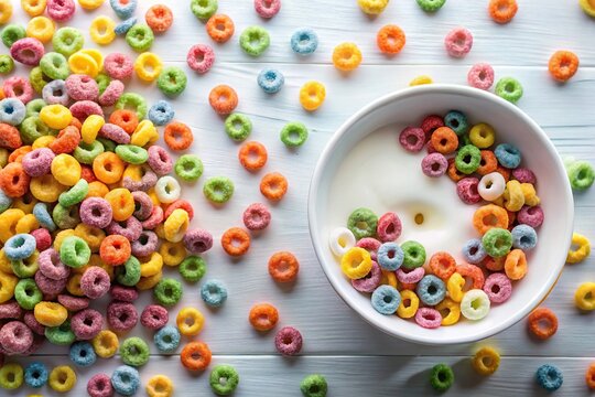 Aerial view of milk pouring on bowl of colorful cereals for breakfast