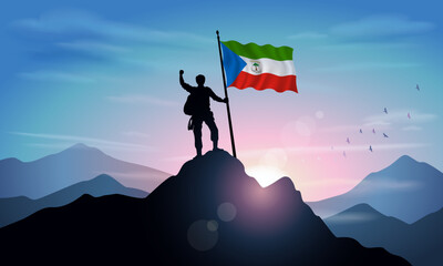 Equatorial Guinea flag, silhouette of man holding flag on Sunset cliff. Vector Illustrator