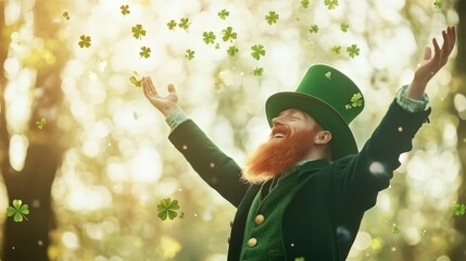 Cheerful man celebrating St. Patrick's Day surrounded by shamrocks in a festive outdoor setting.