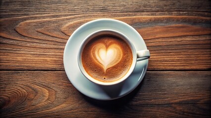 Obraz premium Aerial view of heart shaped coffee in cup with saucer
