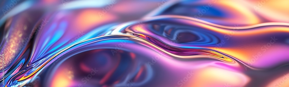 Poster a vibrant, colorful abstract image featuring flowing, wavy patterns with iridescent hues and reflect