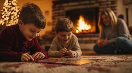 Naklejka premium Family Playing Board Game by Christmas Tree and Fireplace