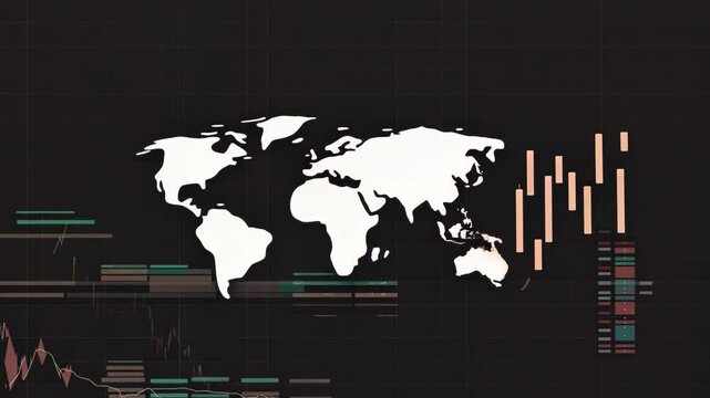 Stylized pink world map on dark background with white candlestick charts flanking sides. Minimalist design conveys global financial data visualization. 