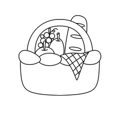 A basket of fruit and bread is shown in a white background