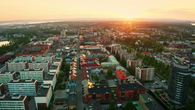 Beautiful Sunset over the City Pite&aring;, Sweden, Colorful Drone Footage of the Midnight Sun