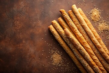 Aerial view of crispy sesame breadsticks on brown background
