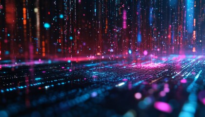 Abstract digital background with colorful lines and particles.