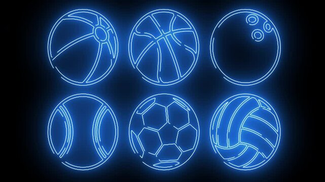 Illustration of a ball icon: beach volleyball, basketball, bowling ball, baseball, soccer ball, volleyball. Various balls, animation moving around in blue