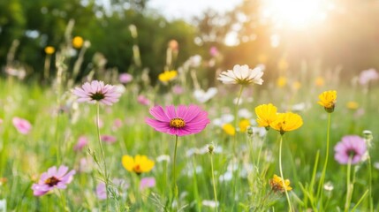 Obraz premium A sunlit meadow showcases colorful wildflowers and lush grass under a warming sunlight, creating a serene outdoor atmosphere