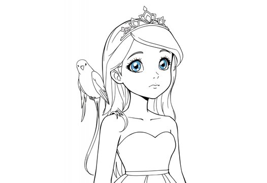 recommend clip art: Beautiful Princess with a Bird Outline Illustration