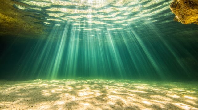Sunlight streams through the water, illuminating the sandy bottom and creating a serene ambiance beneath the surface