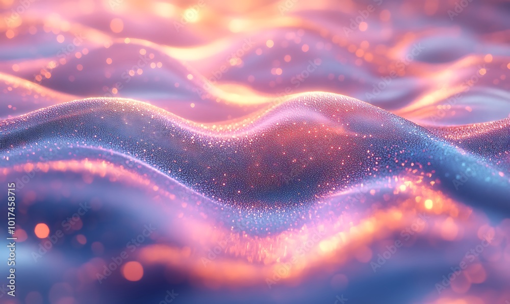 Poster A vibrant, shimmering wave-like surface illuminated with soft light and sparkles, creating an ethereal and dreamy atmosphere.