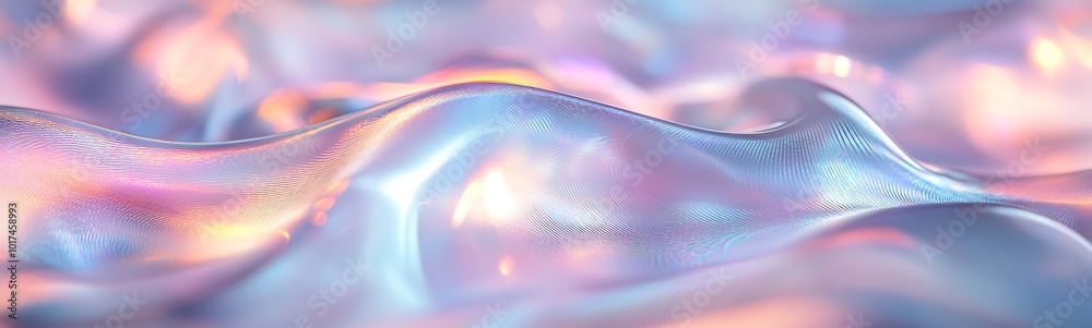 Poster a vibrant wave-like pattern in pastel hues, displaying a glossy, shimmering effect that creates a dr