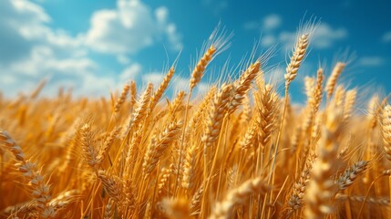 Golden wheat stalks against a blue sky with white clouds. AI generative. .