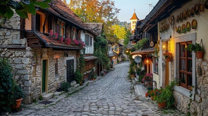 Obraz premium Cobblestone street in a quaint European town with stone buildings and colorful flowers. AI generative. .