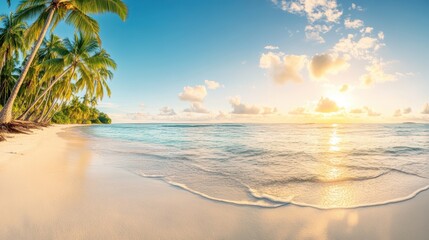 Golden sunset reflects on calm waters as palm trees line the sandy shore, creating a serene tropical atmosphere