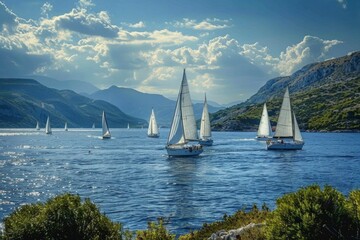 Obraz premium Sailboats navigate a clear blue sea with green hills in the background. AI generative. .