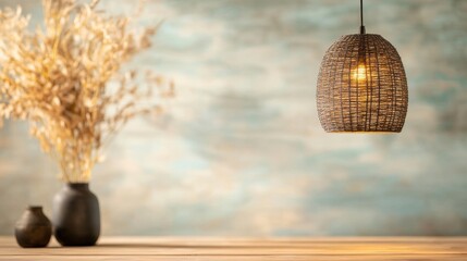 Obraz premium A warm light pendant casts a gentle glow over a wooden surface, highlighting decorative vases and dried flowers in a serene environment