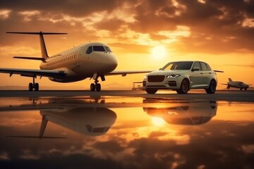 White private jet and car on tarmac at sunset. AI generative. .
