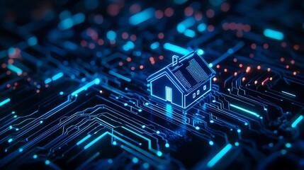 Fototapeta premium A futuristic house icon illuminated on a circuit board, representing digital innovation and smart home technology.