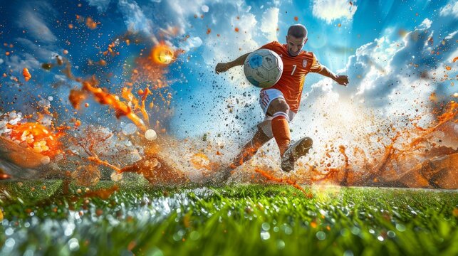 Soccer player kicks a ball, surrounded by orange and white splatters against a blue sky. AI generative. .