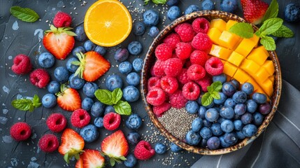 A bowl of blueberries, raspberries, mango and chia seeds on a dark background. AI generative. .