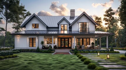 A modern white farmhouse with a large front porch and lush green landscaping. AI generative. .