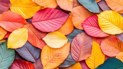 Fototapeta premium A stunning collection of colorful autumn leaves creates a textured backdrop filled with vibrant reds, oranges, and yellows