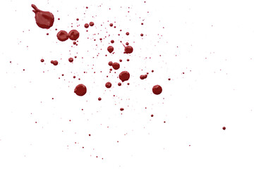Blood splatters on white background. Red blots of watercolor Realistic bloody splatters for Halloween Drop of blood