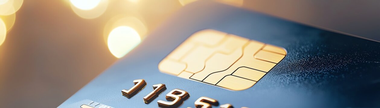Close-up of a credit card with chip, gently lit with bokeh background for finance and payment themes.