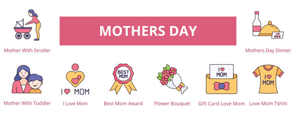 Mothers Day Lineal Color Banner Web Icon Set Vector Illustration, Mother With Stroller Toddler I Love Mom Best Mom Award Flower Bouquet Gift Card T shirt Dinner