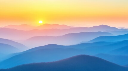 Fototapeta premium As twilight approaches, the sun dips below the horizon, illuminating a misty mountain range with vibrant colors, evoking tranquility and awe