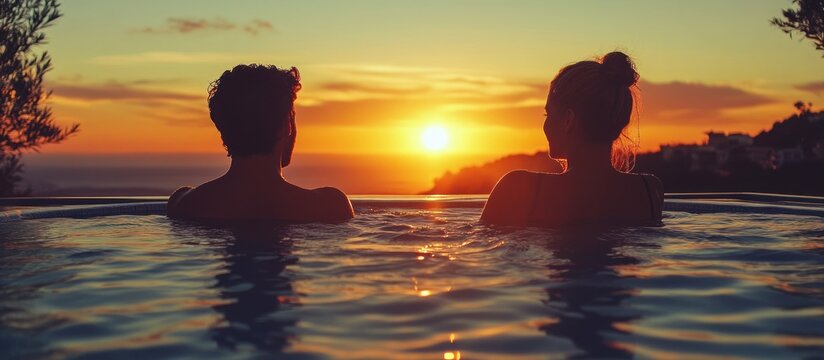 Silhouettes of a couple enjoying a romantic sunset swim in a pool.