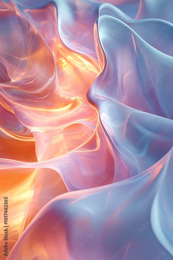 Poster A mesmerizing flow of vibrant waves, blending soft colors of blue and orange, creating a dreamy, ethereal atmosphere.
