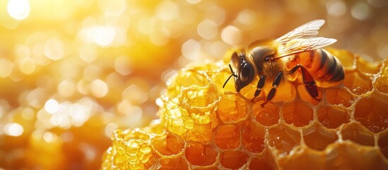 A close-up of a honey bee on a honeycomb, with a blurred background of golden light.