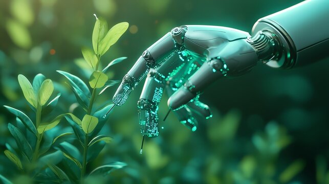 A robotic hand gently interacting with vibrant green leaves, symbolizing the harmony between technology and nature.
