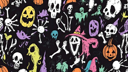 A quirky seamless Halloween pattern featuring doodles of witches, skeletons, and spiders, all in a fun, vibrant hand-drawn style.