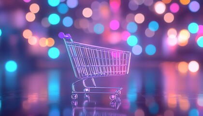 Shopping cart with colorful bokeh lights in the background, symbolizing e-commerce and modern retail.