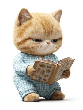 Adorable ginger cat in pajamas enjoying a book. Perfect cozy and cute moment for cat lovers and readers alike.